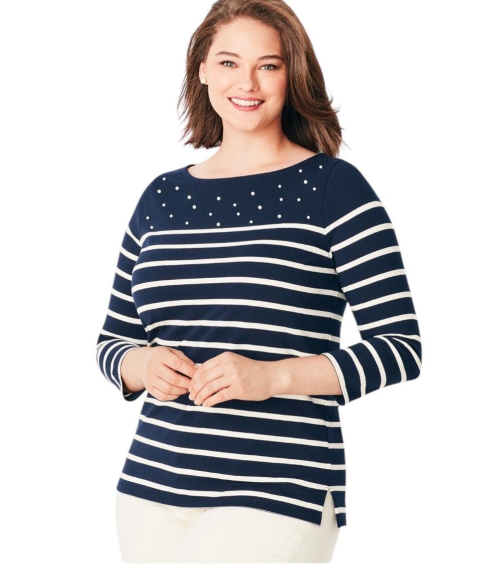 Talbots Top Stripe Pearl Embellished Cotton Bateau Neck 3/4 Sleeve Womens XLP